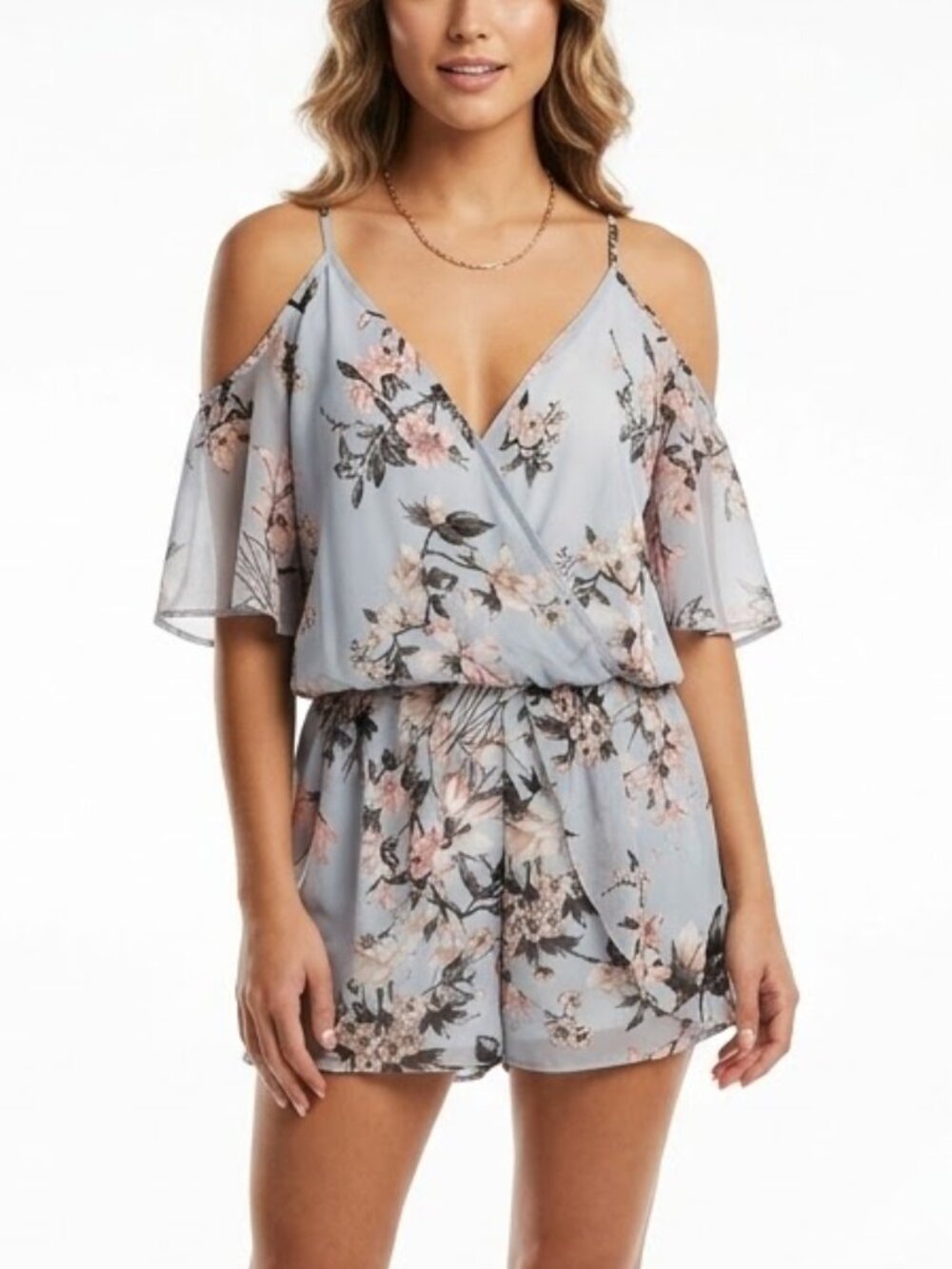 elleCLO Fairycore Floral Cold Shoulder Romper Pastel Gray Pink Sz Large